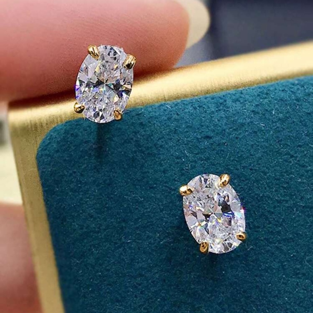Gold Oval CZ Stud Earrings Rhinestone Crystal Statement Stud Earrings - Picture 2 of 4